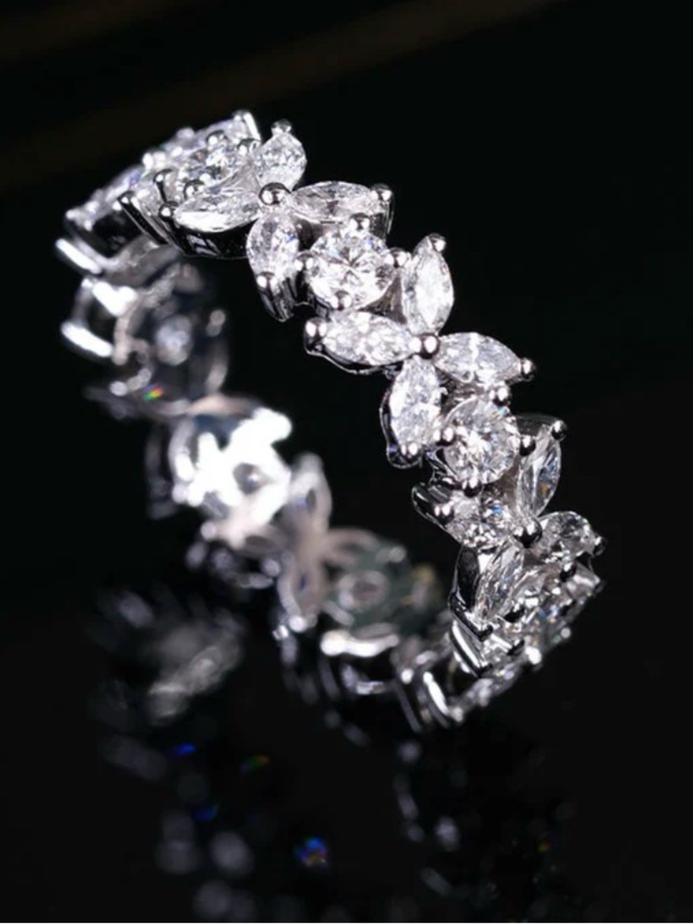 Delicate Leaf-Style Zirconia Eternity Band - Silver Tone